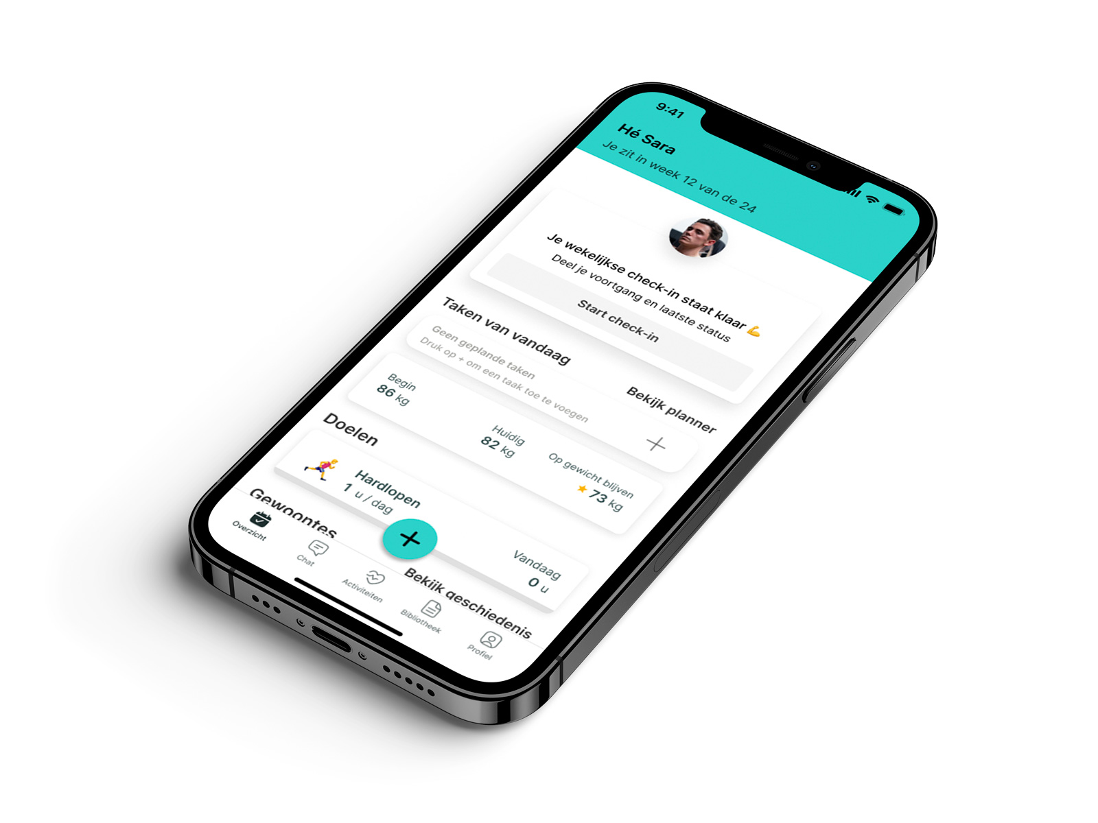 Een mockup van de coaching app die de functies laat zien.