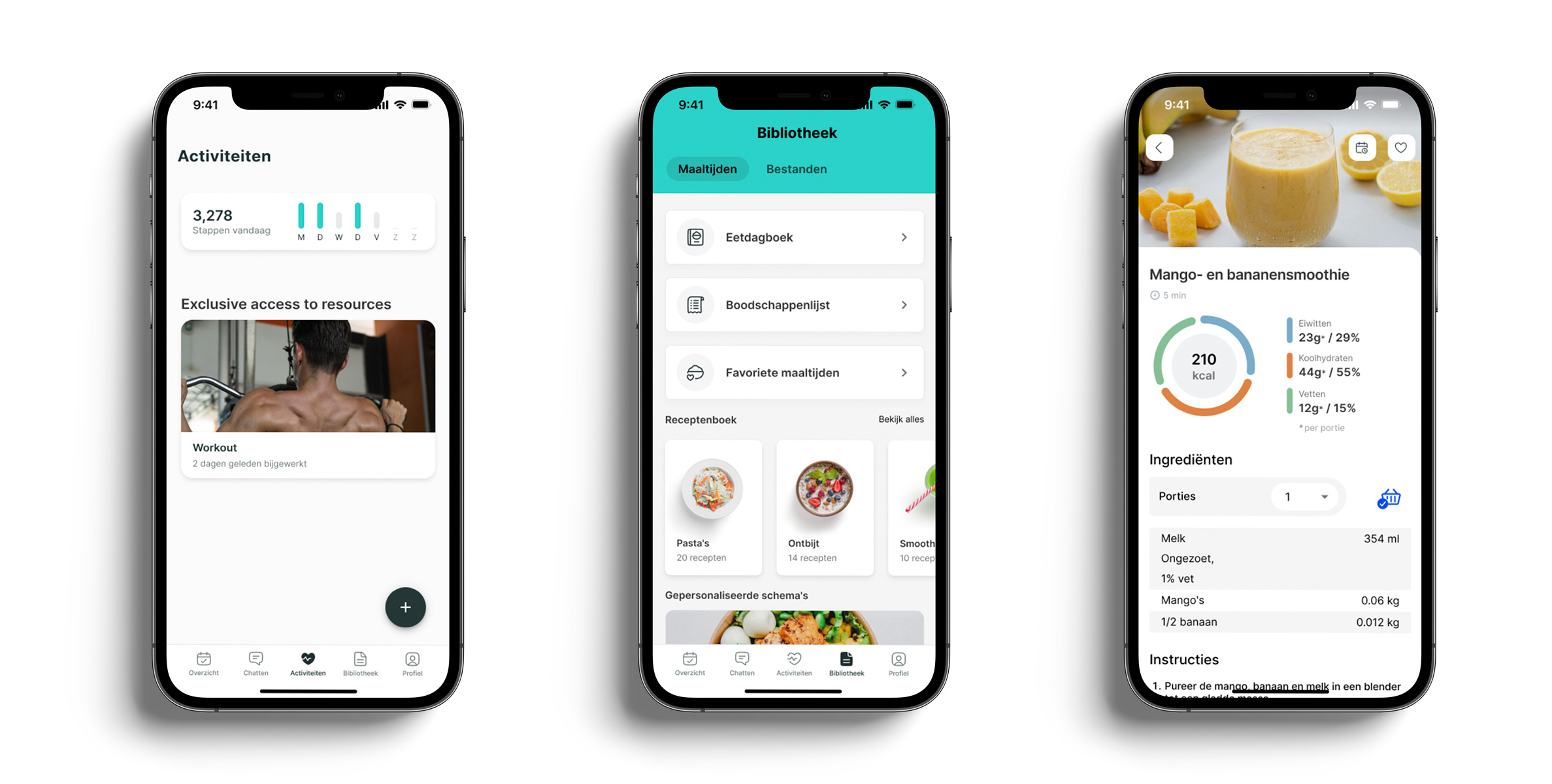 Een mockup van de coaching app die de verschillende functies laat zien.